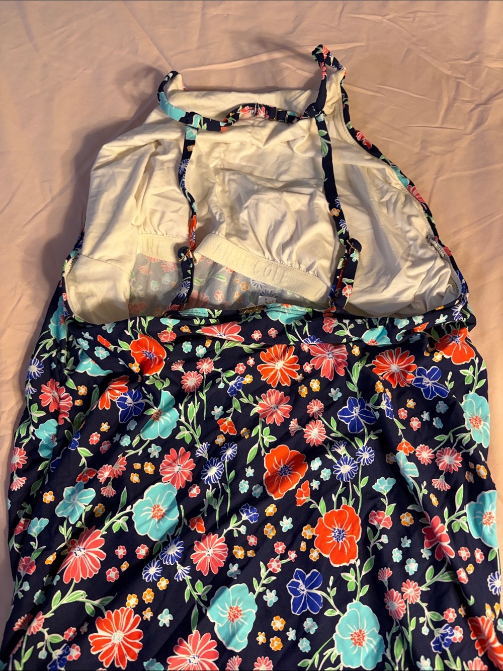 Anne Cole Navy Floral Halter Swim tankini with Coral & Aqua Flowers - Picture 2 of 5